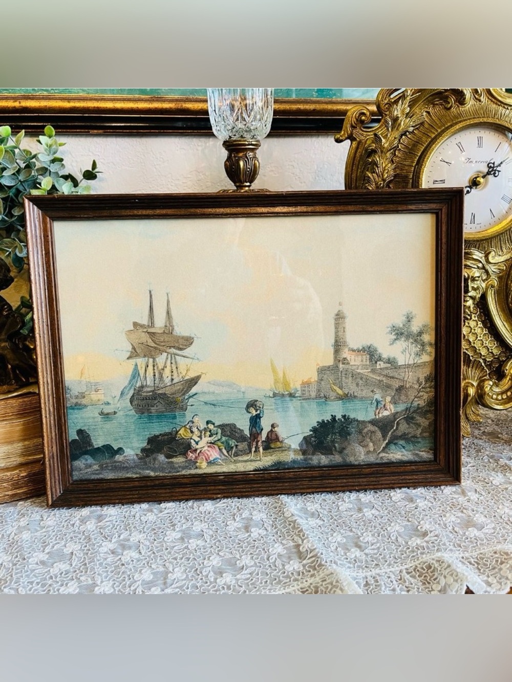 Antique French Le Delassement du Pecheur colored etching - Picture 3 of 11